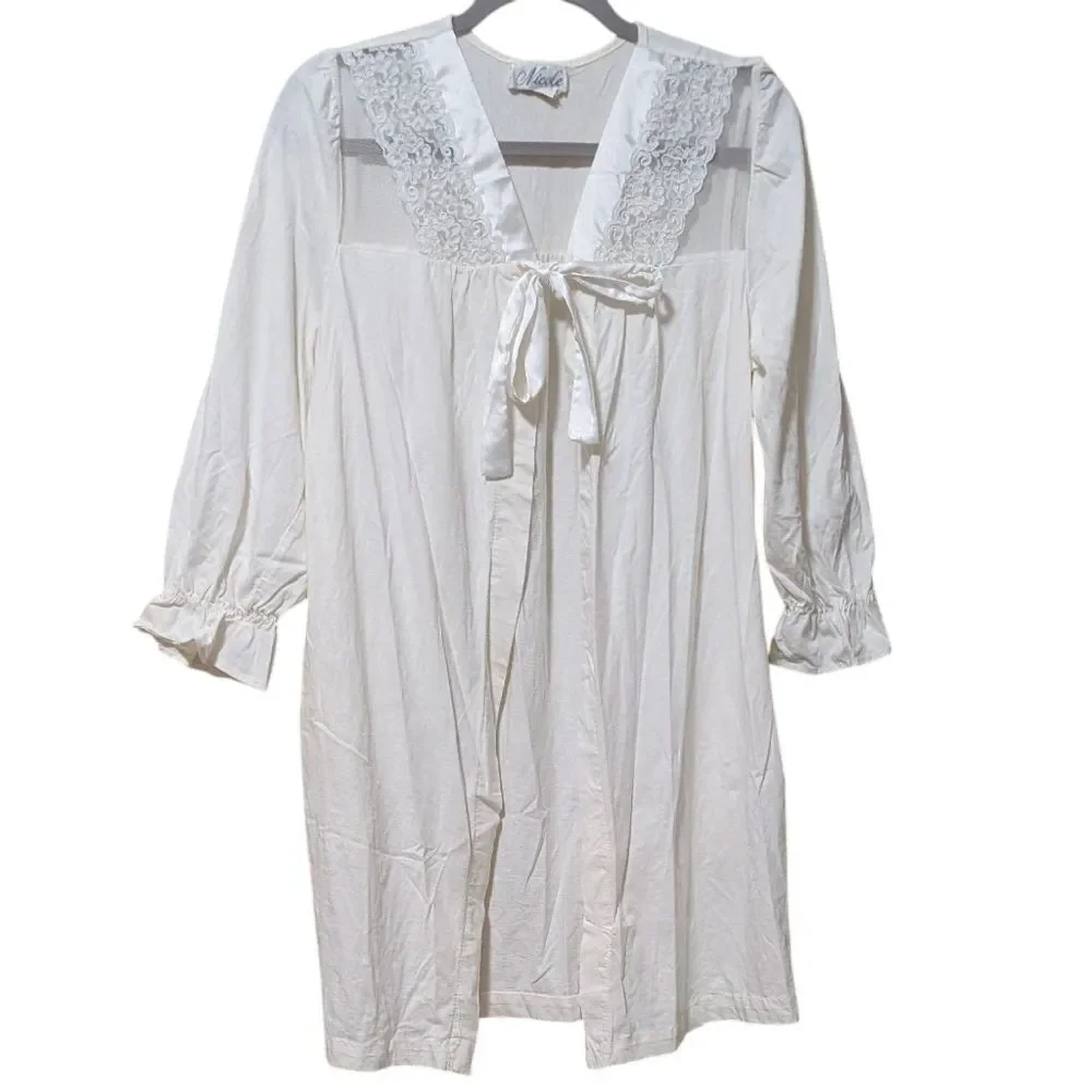 Vintage Nicole robe dressing gown lace ruffle sleeves cotton USA union made L